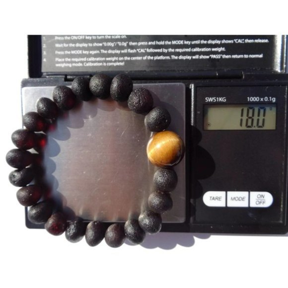 Amber Bracelet w Tigers Eye Bead, Unisex Bracelet, Baltic Amber Bracelet 23 cm - Picture 9 of 9